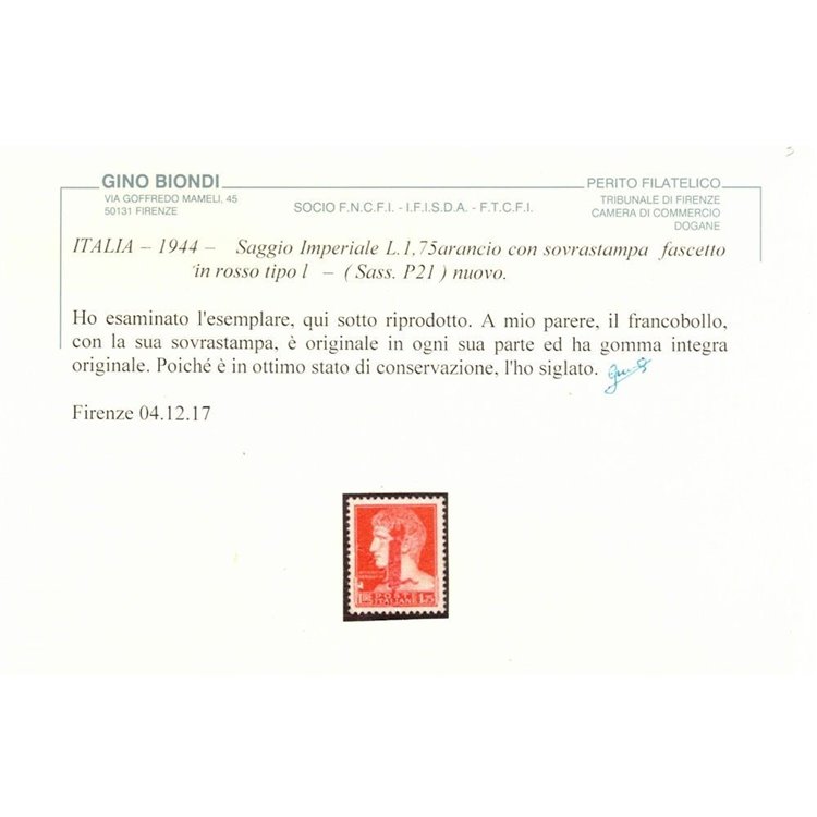 ITALIA RSI 1944 Saggio 1,75₤ Imperiale (soprast. fascio in rosso) MNH** ©