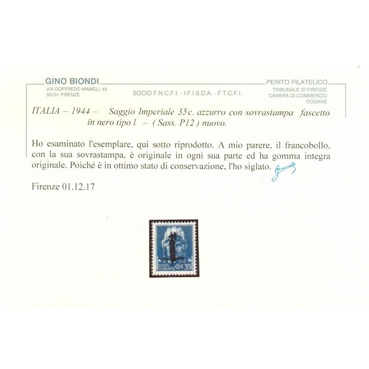 ITALIA RSI 1944 Saggio 35c Imperiale (soprast. fascio in nero) MNH** ©