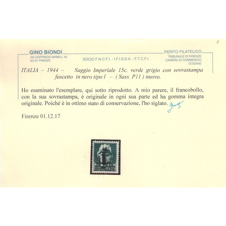 ITALIA RSI 1944 Saggio 15c Imperiale (soprast. fascio in nero) MNH** ©