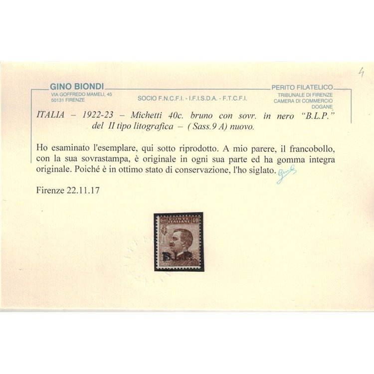 ITALIA REGNO 1922-23 BLP 40c bruno (soprast. in nero) MNH** ©