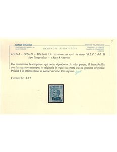 ITALIA REGNO 1922-23 BLP 25c azzurro MH* ©