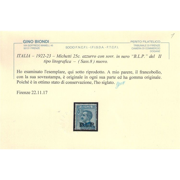 ITALIA REGNO 1922-23 BLP 25c azzurro MH* ©