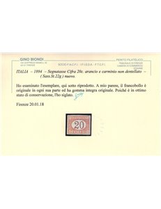 ITALIA REGNO 1890-94 Varietà Segnatasse 20c (non dentellato) MNH** ©