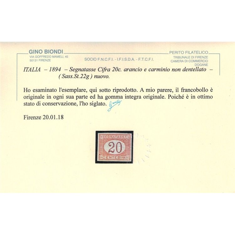 ITALIA REGNO 1890-94 Varietà Segnatasse 20c (non dentellato) MNH** ©
