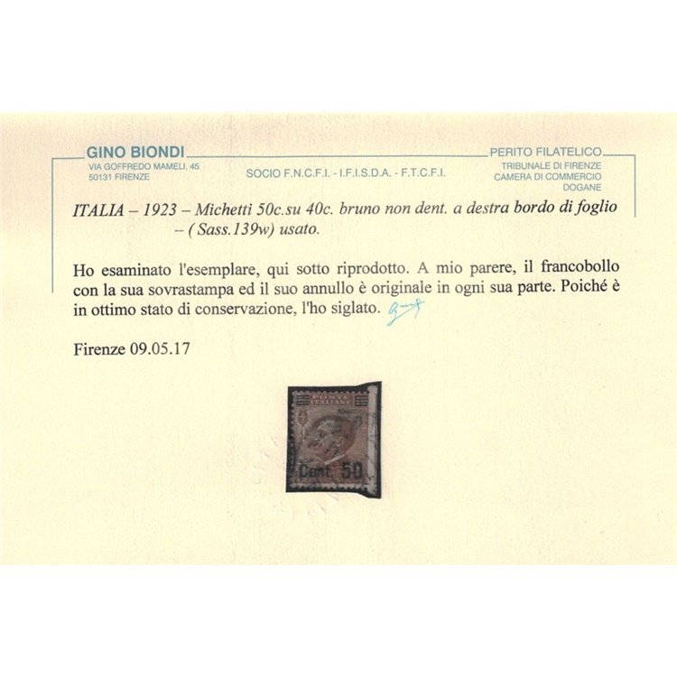 ITALIA REGNO 1923-27 Varietà 50c su 40c Michetti (nd a dx) us ©