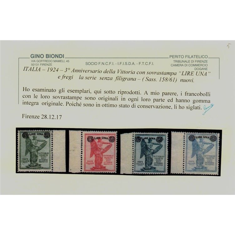 ITALIA REGNO 1924 Vittoria soprastampati (senza filigrana) 4v MNH** ©