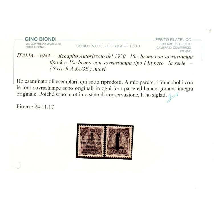 ITALIA RSI 1944 Recapito autorizzato (non emessi) 2v MNH** ©