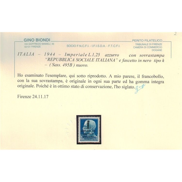 ITALIA RSI 1944 Varietà 1,25₤ Imperiale (scambi soprastampa) MNH** ©