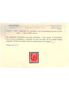 ITALIA RSI 1944 Varietà 75c Imperiale (scambi soprast. fascio) MNH** ©