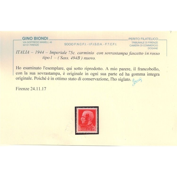 ITALIA RSI 1944 Varietà 75c Imperiale (scambi soprast. fascio) MNH** ©