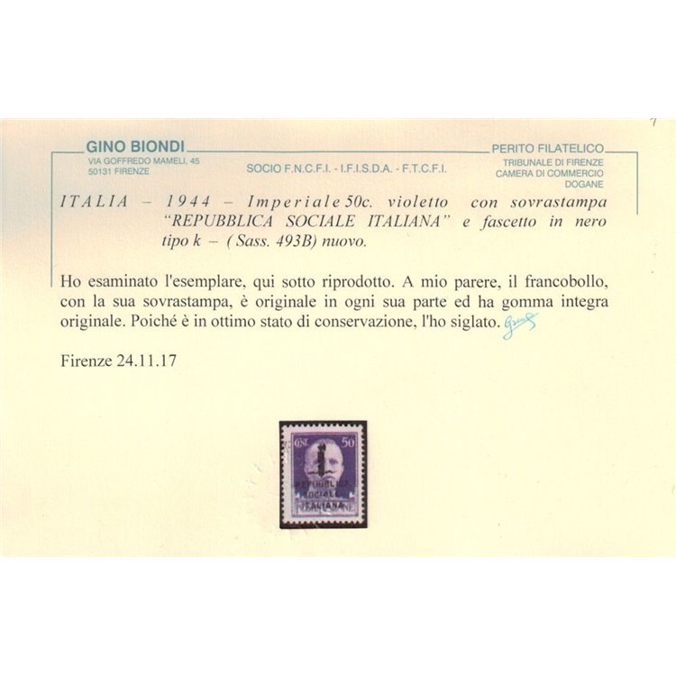 ITALIA RSI 1944 Varietà 50c Imperiale (scambi soprast.) MNH** ©