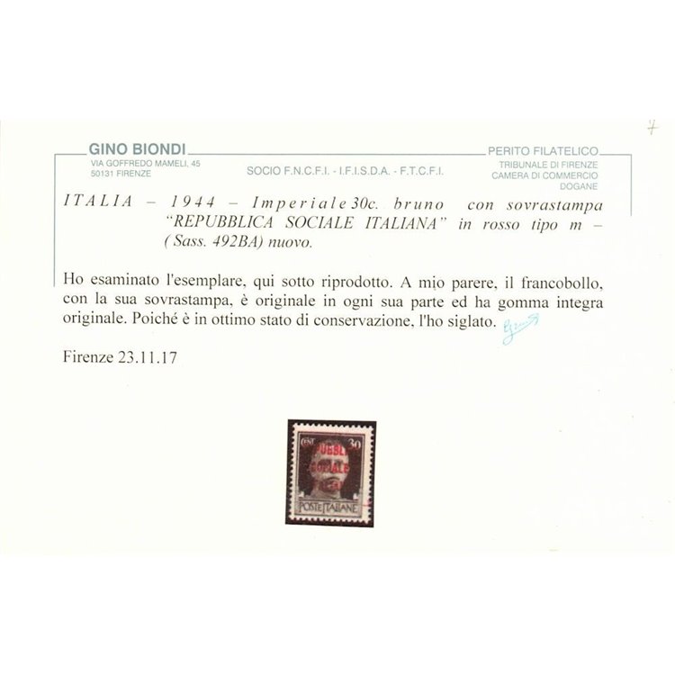 ITALIA RSI 1944 Varietà 30c Imperiale (scambi soprast. testo) MNH** ©