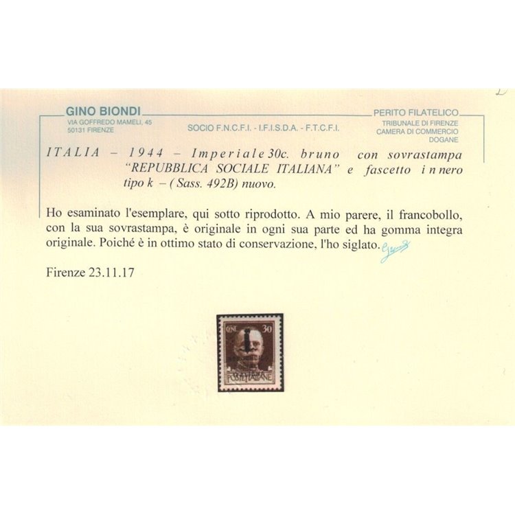 ITALIA RSI 1944 Varietà 30c Imperiale (scambi soprast.) MNH** ©