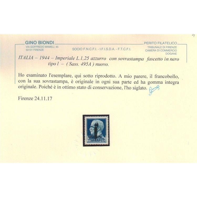 ITALIA RSI 1944 Varietà 1,25₤ Imperiale (errore colore soprast.) MNH** ©