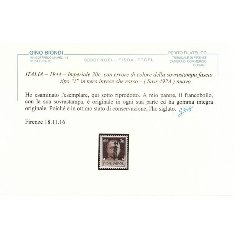 ITALIA RSI 1944 Varietà 30c Imperiale (errore colore soprast.) MNH** ©