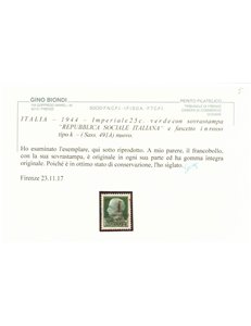 ITALIA RSI 1944 Varietà 25c Imperiale (errore colore soprast.) MNH** ©