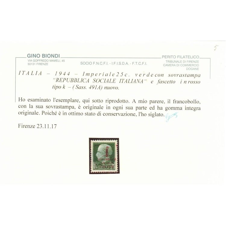 ITALIA RSI 1944 Varietà 25c Imperiale (errore colore soprast.) MNH** ©