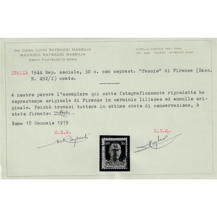 ITALIA RSI 1944 Imperiale 30c Firenze (soprast. carminio lillaceo) us ©