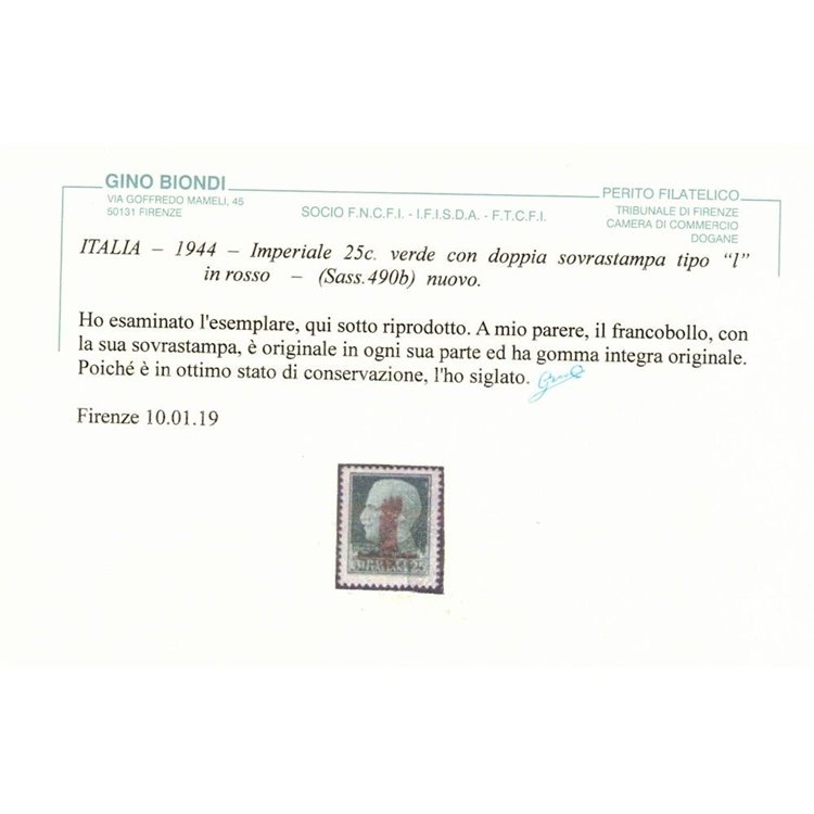 ITALIA RSI 1944 Varietà 25c Imperiale (doppia soprastampa) MNH** ©