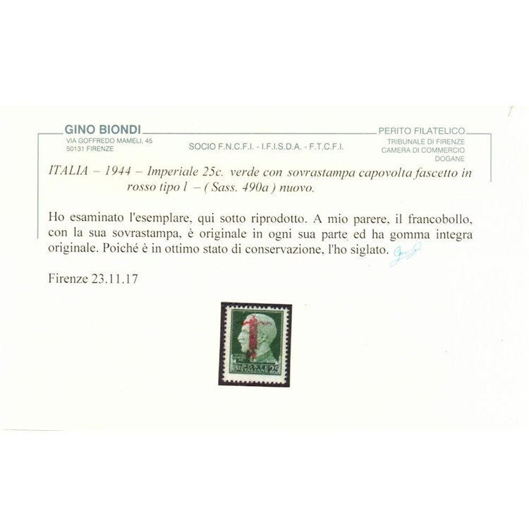 ITALIA RSI 1944 Varietà 25c Imperiale (soprast. capovolta) MNH** ©