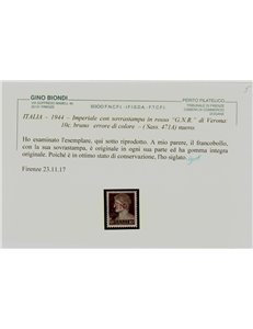 ITALIA RSI 1944 Varietà 10c Imperiale GNR (errore colore soprast.) MNH** ©