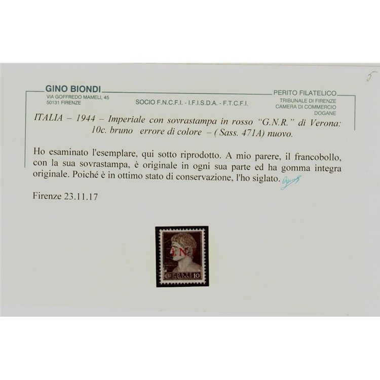 ITALIA RSI 1944 Varietà 10c Imperiale GNR (errore colore soprast.) MNH** ©