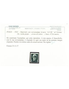 ITALIA RSI 1944 Varietà 15c Imperiale GNR (errore colore soprast.) MNH** ©
