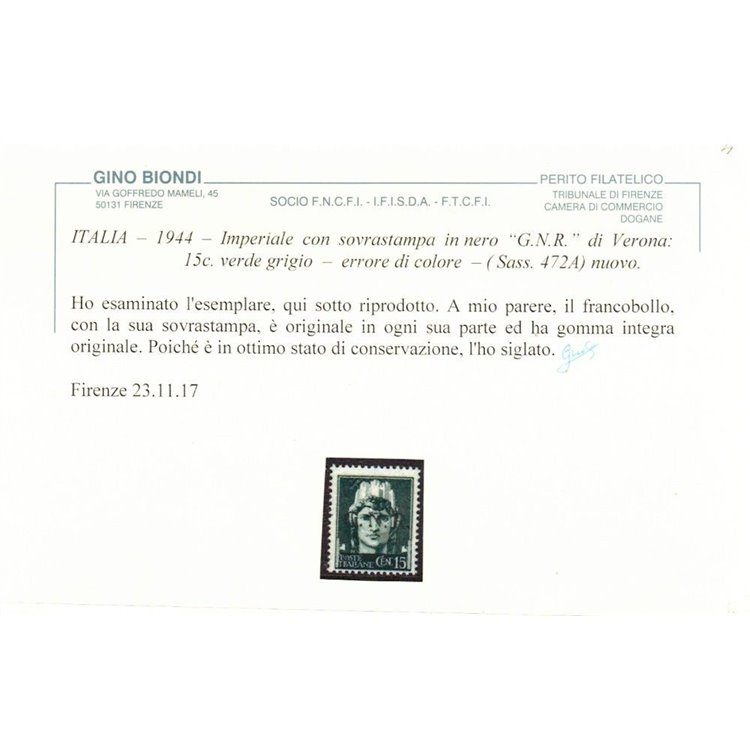 ITALIA RSI 1944 Varietà 15c Imperiale GNR (errore colore soprast.) MNH** ©