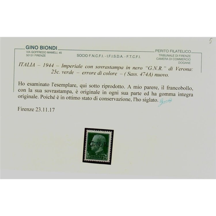ITALIA RSI 1944 Varietà 25c Imperiale GNR (errore colore soprast.) MNH** ©