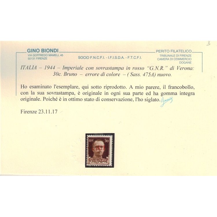 ITALIA RSI 1944 Varietà 30c Imperiale GNR (errore colore soprast.) MNH** ©