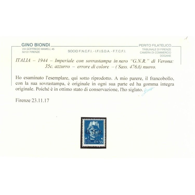 ITALIA RSI 1944 Varietà 35c Imperiale GNR (errore colore soprast.) MNH** ©