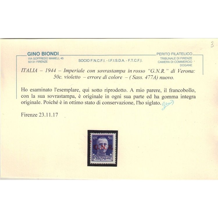 ITALIA RSI 1944 Varietà 50c Imperiale GNR (errore colore soprast.) MNH** ©