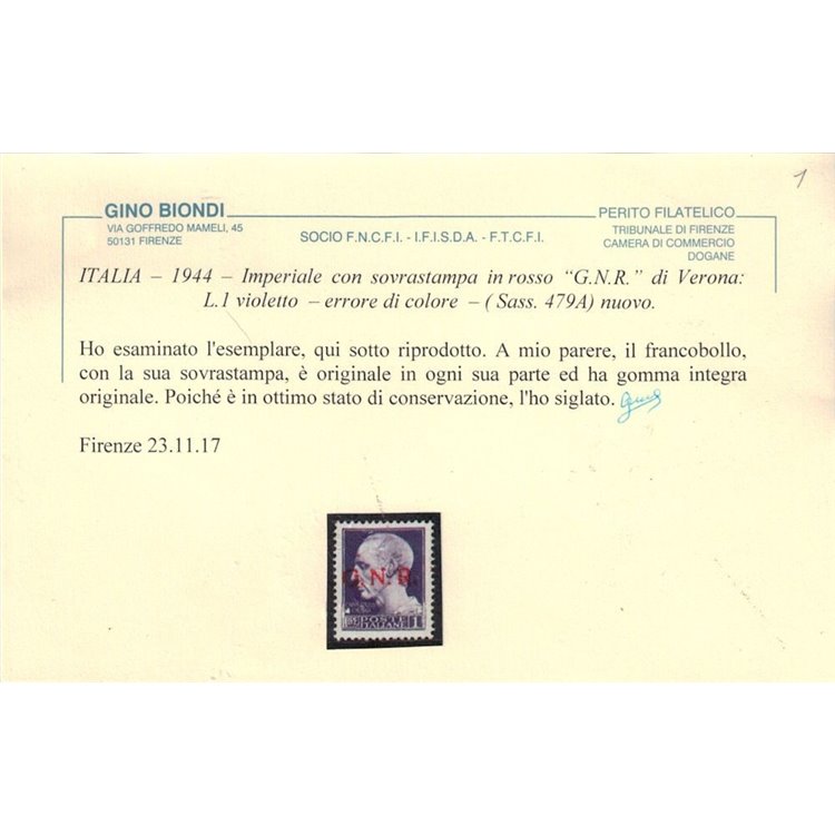 ITALIA RSI 1944 Varietà 1₤ Imperiale GNR (errore colore soprast.) MNH** ©