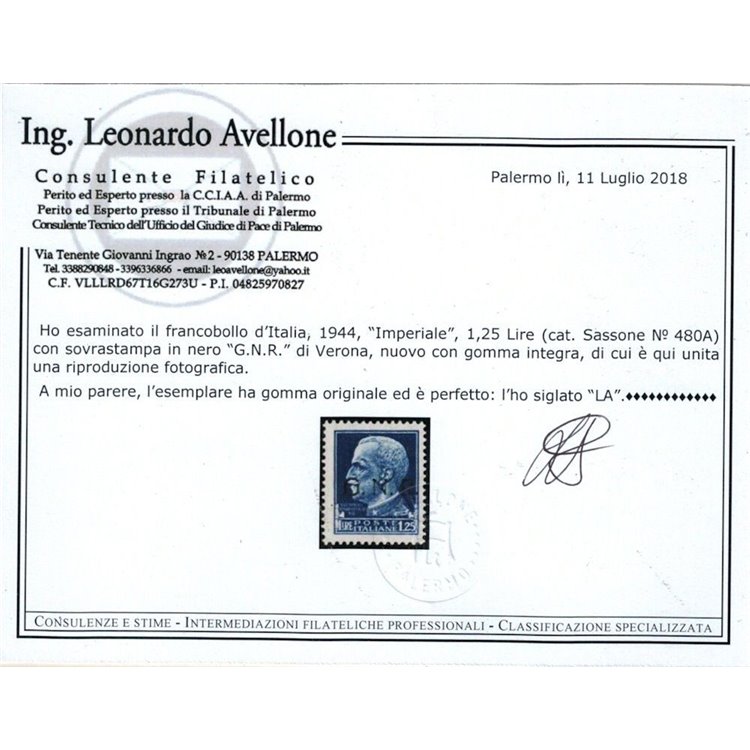 ITALIA RSI 1944 Varietà 1,25₤ Imperiale GNR (errore colore soprast.) MNH** ©