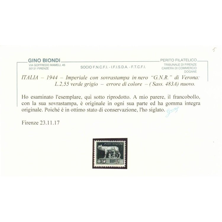 ITALIA RSI 1944 Varietà 2,55₤ Imperiale GNR (errore colore soprast.) MNH** ©