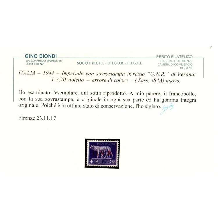 ITALIA RSI 1944 Varietà 3,70₤ Imperiale GNR (errore colore soprast.) MNH** ©