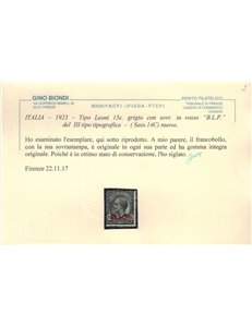 ITALIA REGNO 1923 BLP 15c ardesia (soprast. in rosso) MNH** ©