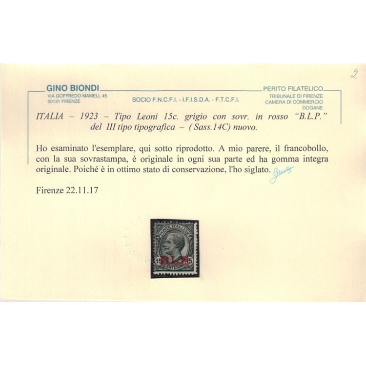 ITALIA REGNO 1923 BLP 15c ardesia (soprast. in rosso) MNH** ©