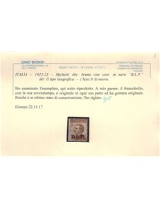 ITALIA REGNO 1922-23 BLP 40c bruno (soprast. in nero) MH* ©