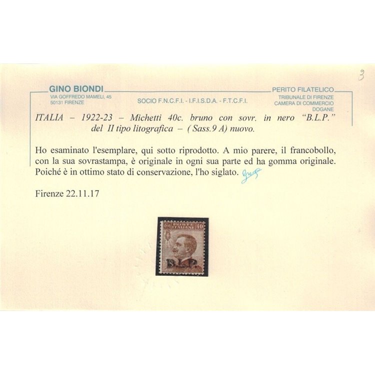 ITALIA REGNO 1922-23 BLP 40c bruno (soprast. in nero) MH* ©