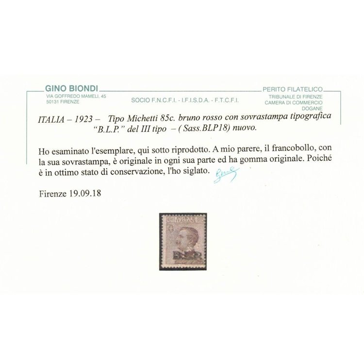 ITALIA REGNO 1923 BLP 85c bruno rosso MH* ©