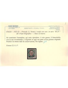 ITALIA REGNO 1922-23 BLP 1₤ bruno e verde MH* ©