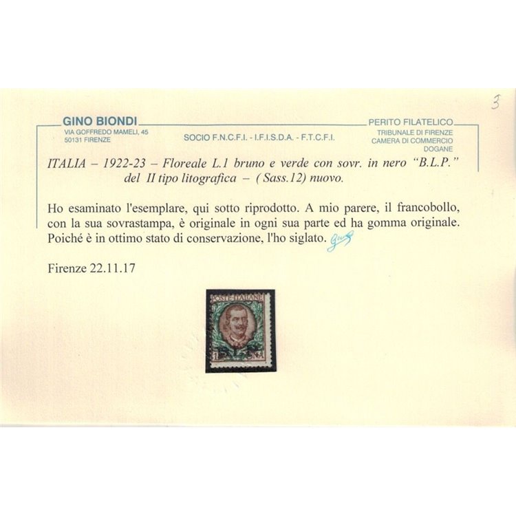ITALIA REGNO 1922-23 BLP 1₤ bruno e verde MH* ©