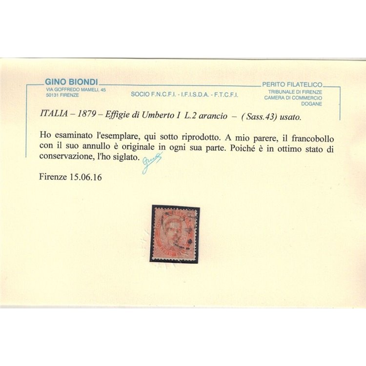 ITALIA REGNO 1879 Umberto I ₤2 vermiglio us ©