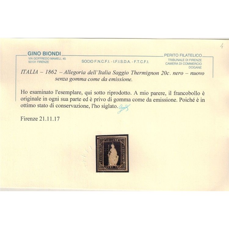 ITALIA REGNO 1862 Saggio Thermignon 20c nero (facsimile) MNG ©
