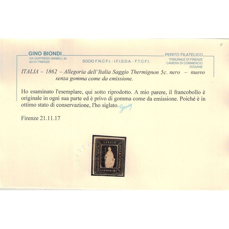 ITALIA REGNO 1862 Saggio Thermignon 5c nero (facsimile) MNG ©