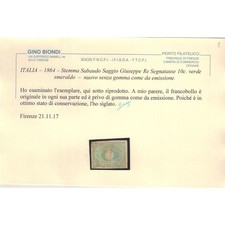ITALIA REGNO 1864 Saggio Giuseppe Re 10c verde (Segnatasse) MNG ©