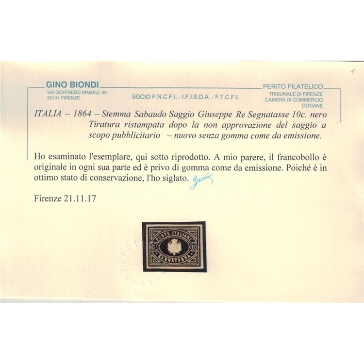 ITALIA REGNO 1864 Saggio Giuseppe Re (Ristampa) 10c Segnatasse MNG ©