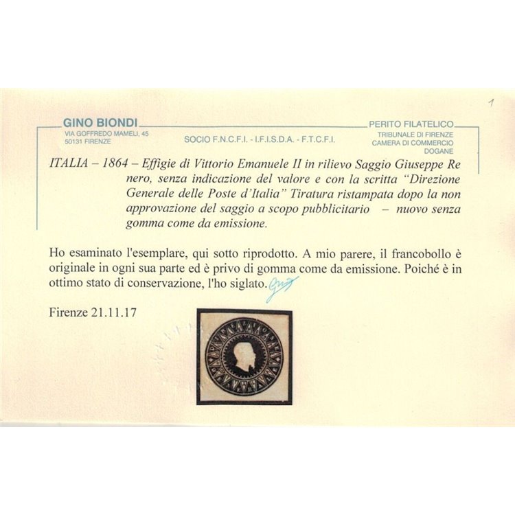 ITALIA REGNO 1864 Saggio Giuseppe Re (Ristampa) Effigie Vitt. Em. II MNG ©