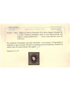 ITALIA REGNO 1864 Saggio Giuseppe Re (Ristampa) ₤2 nero MNG ©